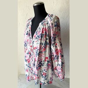 Gap Peasant Blouse Floral White Pink Red Blue V-Neck Pullover Top - Women's M
